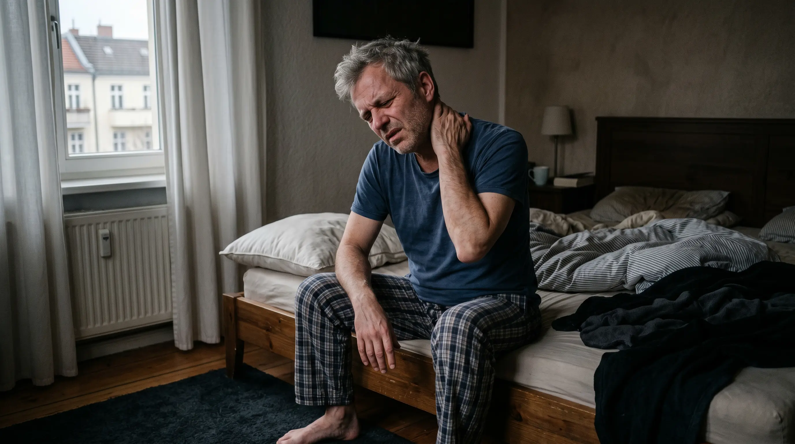 Mann sitzt morgens am Bettrand und hält sich den schmerzenden Nacken